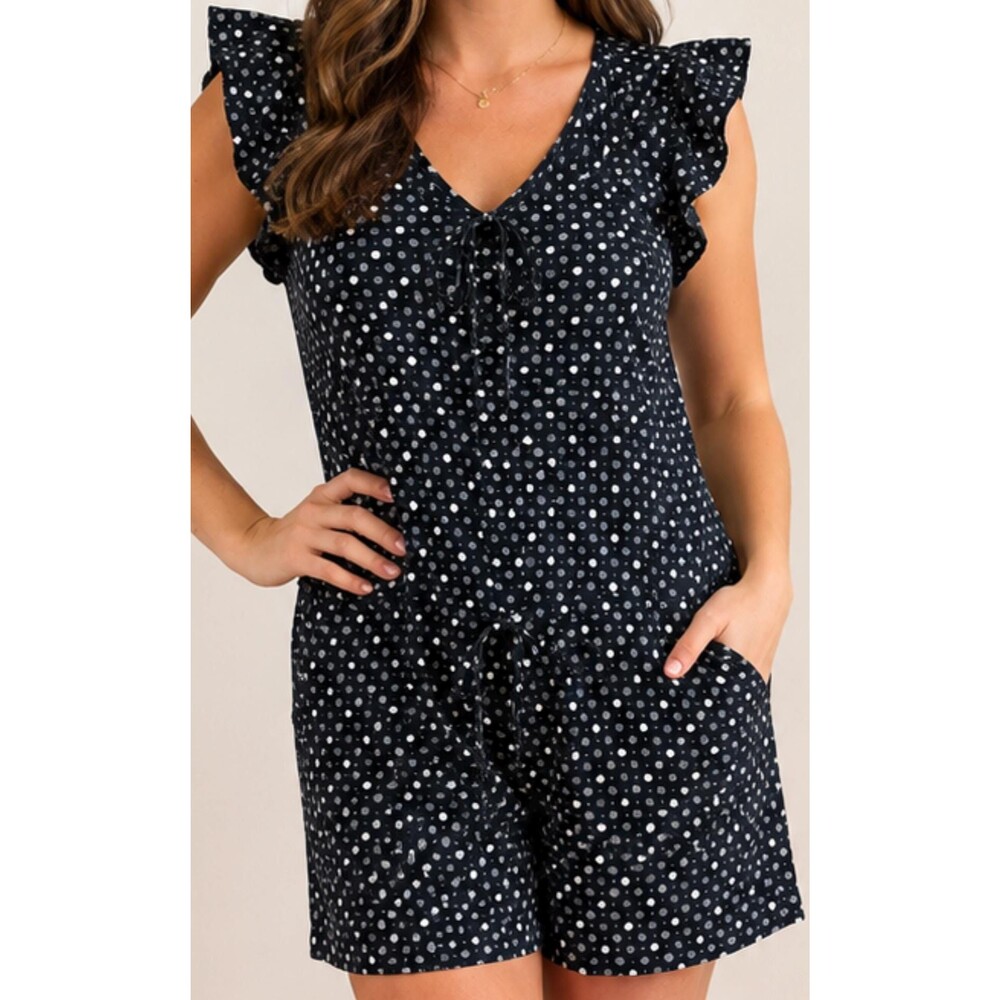 Madewell Black Polka Dot Romper XS Women’s Flutter Sleeve Tie Waist Short Romper